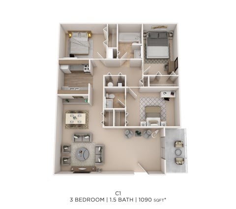Floor plan for 3 beds, 1.5 baths, 1090 sqft